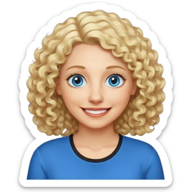 Middle aged woman with blonde curly shoulder-length hair, big blue eyes, wide smile, black shirt sticker