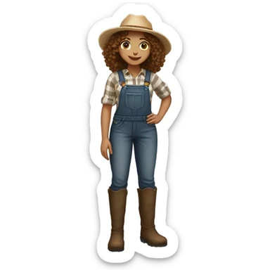 full body farmer girl standing, LIGHT skin tone, brown curly hair, dark eyes sticker