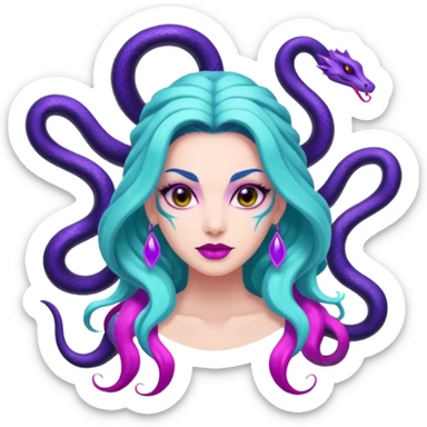 Beautiful Queen Hydra sea witch with seven snake heads, with the colors of cyan, hot pink, purple, white, and black sticker