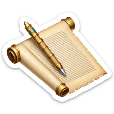 An icon showing a rolled parchment scroll, a quill pen, and ancient landmarks like pyramids and columns in the background. The design symbolizes the study of past civilizations, events, and heritage. Transparent background emphasizes the timeless exploration of human history. sticker