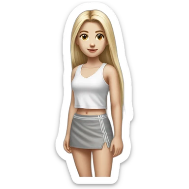 hyperrealist caucasian girl, long straight blonde hair, white v-neck laced crop tanktop, grey tight mini skirt, sneakers, facing camera sticker