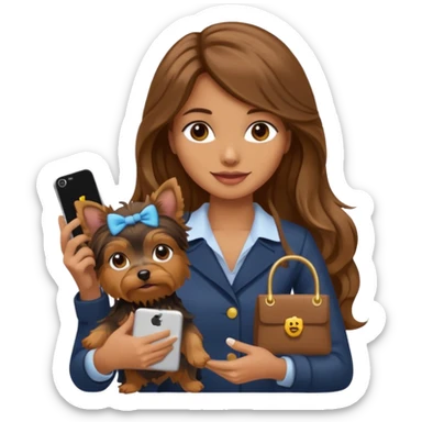 woman with long brown wavy hair, holding a Yorkshire Terrier and an iPhone, with a sale sign, emoji style sticker