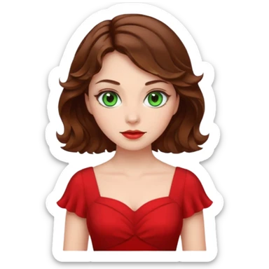 Green eyes,mi-short brown wavy hair,white skin tone,wearing red dress sticker
