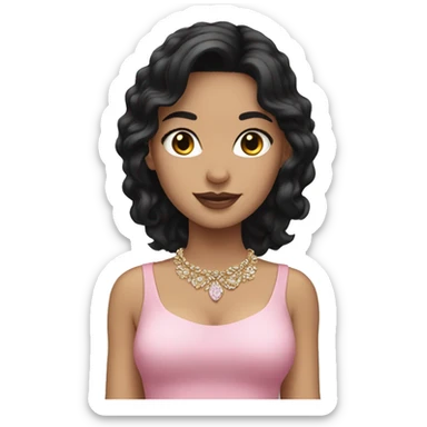 White girl with black hair wearing a pink dress with jewelry sticker