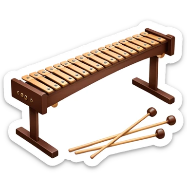 Create a detailed and professional emoji representing a Fleet FLT-SX37 orchestral long wooden xylophone. The design should showcase the large, wooden bars of the xylophone arranged in a traditional layout, with a polished, smooth finish. The bars should be dark brown or mahogany, with soft metallic reflections on the resonators underneath. Include two mallets with rubber or wooden heads resting on the bars, emphasizing their role in striking the notes. The xylophone should have a sophisticated and professional appearance, with clean lines and a polished look. Add subtle musical notes or sound waves to represent the vibrant sound produced by the instrument. The background should be transparent. sticker