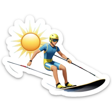 A humanless icon showing a pair of water skis skimming across the surface of a lake, with a skier in motion. The design includes a wake behind the skier, splashing water, and the sun reflecting on the water. Transparent background highlights the speed and thrill of water skiing. sticker