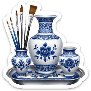 Metal painting icon, a metal vase with intricate designs in Gzhel and Chinese embroidery styles, placed on a metal tray, with three paintbrushes beside it, minimalistic style, clean lines, transparent background. sticker