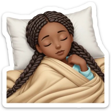 A dark-skinned Black woman with long box braids, lying on her side in bed, wrapped in a blanket, resting on a pillow, eyes closed. sticker