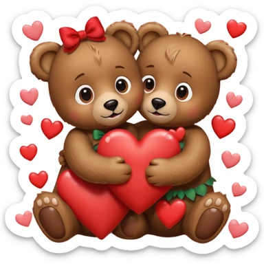 girl bear with bow and boy bear hugging, surrounded by hearts, playful and loving, cute sticker
