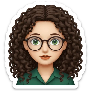 rapariga, olhos verdes escuros, cabelos compridos aos caracóis, com óculos sticker