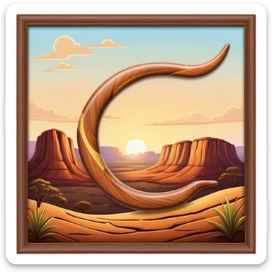 Cinematic Realistic image of a classic boomerang, rendered with detailed wood grain textures and vibrant colors, set against a sunlit outback landscape that emphasizes its iconic Australian heritage sticker