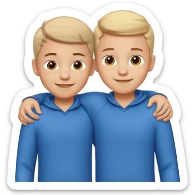 Two cartoon-style two  boy with similar features, arms around each other's shoulders, smiling, matching outfits, standing close, white background, emoji style sticker
