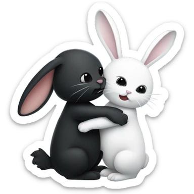 Black rabbit hugging white rabbit with moon behind them sticker