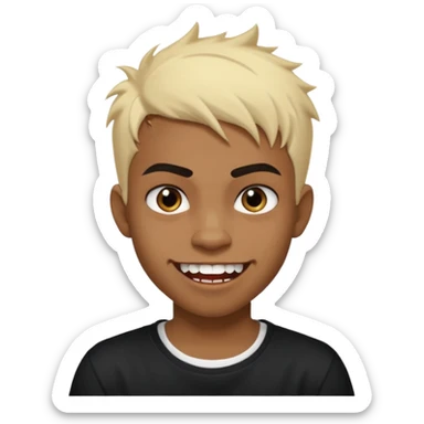Black Male Teenager with Short punk messy blonde hair, Dark brown bushy eyebrows large expressive golden-brown eyes, wearing a plain white t-shirt, Dark Brown skin color. vampire tooth sticker