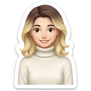 Mujer joven caucasian, cara alargada, cejas suaves, pelo marron oscuro ondulado con puntas rubias, raya al lado. Sonrisa amplia, expresión alegre. Turtle neck white sweater cozy with tea. Ombre hair.  sticker