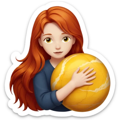 Happy long haired redhead hugging big yellow marble sticker