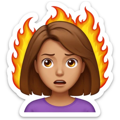 Woman with hair on fire looking stressed and panicked with brown shoulder length hair sticker