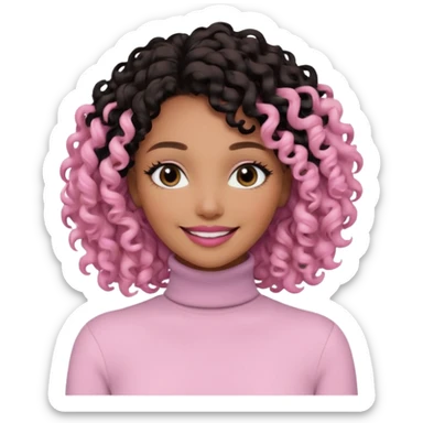 a woman with white long sleeve turtle neck top and smile, her hair is long curly and the color is black, her eyes color are black and the color of her lip is soft pink sticker