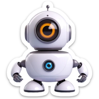 Friendly robot with big expressive eyes — round head, glossy finish, slightly clumsy but charming (think Wall-E meets Baymax). sticker