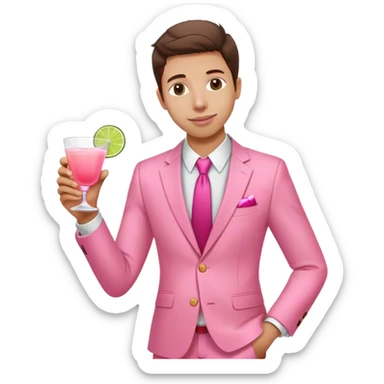 Sam Altman-like character in all pink suit, with one hand holding a pink tequila drink sticker