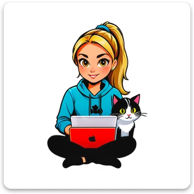 Blonde girl ponytail macBook and a cat sticker
