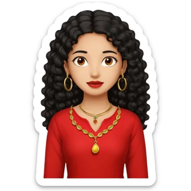generate a pretty bratz girl with a red kurti, long black curly hair, hoops, sticker