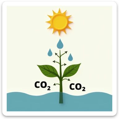 realistic stylized diagram of photosynthesis: leaf, sun, water droplets, and CO₂ arrows, no background, transparent sticker