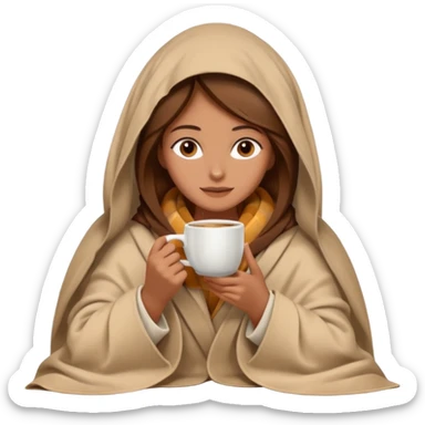 brown hair woman sitting under beige blanket, with a blanket over his head, holding cup of coffee, autumn mood sticker