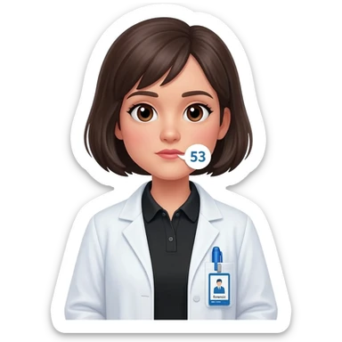 Hacer un emoji con bata, que se alcance a ver una bolígrafo azul en la bata, una polo color negro y un gafete colgando que diga forense, la cara que sea un poco femenina, cabello corto peinado, que de su boca salga un globo de hablar que diga 53 sticker