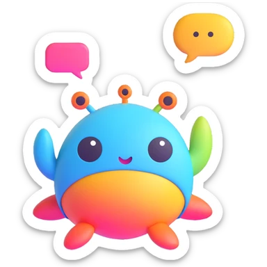 Retro game mascot — like a Tamagotchi-style AI creature, round and colorful with a speech bubble. sticker