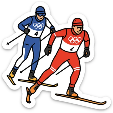 Create a vector style illustration of a sportsman skier running on cross-country skis using the skate technique. Match the pose and clothing from the reference photo. Include clean outlines, shadows, and highlights to emphasize dynamic movement. The background should be transparent. sticker