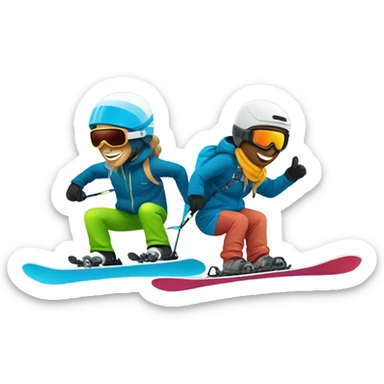 A skier and a snowboarder riding fresh powder  sticker