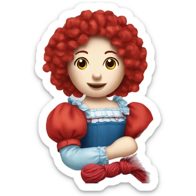 Raggedy anne doll, red yarn wig, blue dress sticker