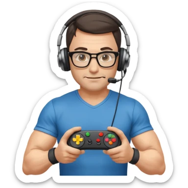 
gamer, Very fit muscular 40-year-old with youthful looks glasses, headphone, gamepad sticker