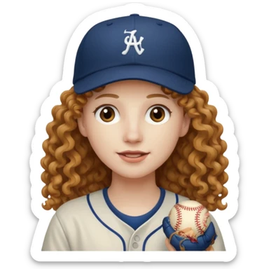 long hair light brown curly pale skin and a baseball hat sticker