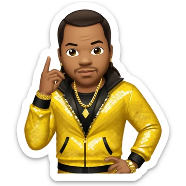 Busta Rhymes with dark brown hair, yellow sequin outfit sticker