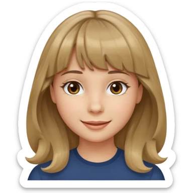 A girl with wavy, dark blonde hair, straight bangs, and straight eyes. She is smiling. sticker