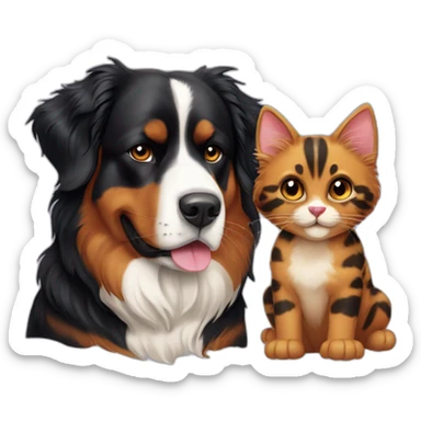 A Bernese dog beside A tortoiseshell cat without white sticker
