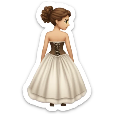 a light girl with brown hair standing with her back tied an old corset on a fluffy dress sticker