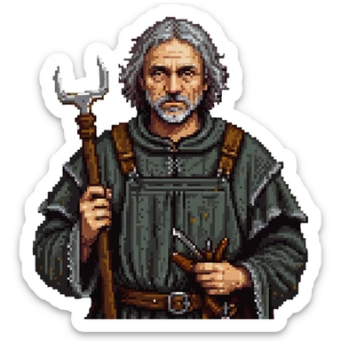 middle-aged peasant man in ragged medieval clothes with dirty face and simple tools sticker