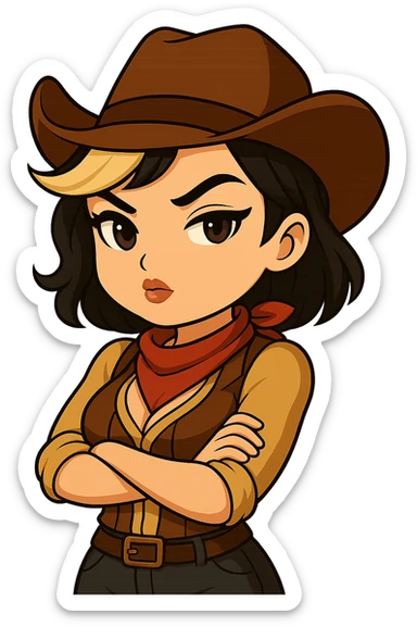 Chibi cowgirl with short hair and a blonde streak, wearing a cowboy hat and western outfit, no guns. Pose: arms crossed, determined and sultry expression, more feminine curves. Chibi/anime style, transparent background, sized for Twitch or Discord use. sticker