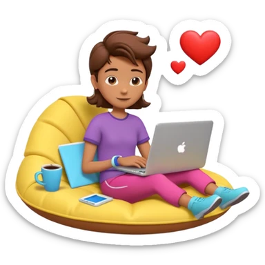 3D clay character relaxed with laptop and coffee, floating icons (envelope, heart, dollar), colofrful outfit, floating icons, white laptop, Pixar style, transparent background sticker