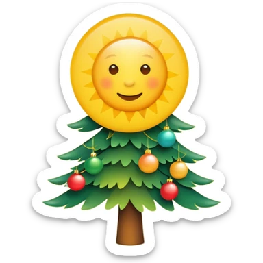 A bright sun next to a decorated Christmas tree, symbolizing summer party and Christmas celebration. Minimal details, flat colors, rounded shapes. sticker