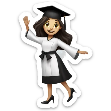 Girl with long dark brown hair, long eyelashes, wearing black high heels, dancing celebrating graduation from cooking school sticker