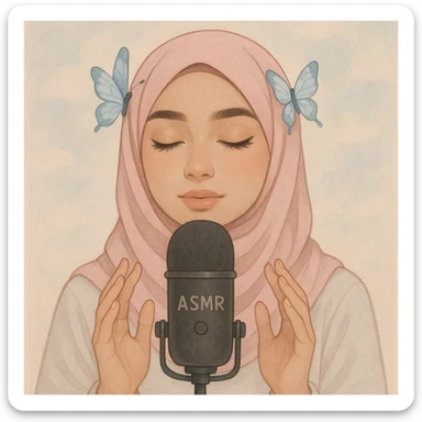 a girl with a pink hijab styled fashionably, butterfly hairclips on both sides, ASMR creator theme, soft and calming vibe sticker