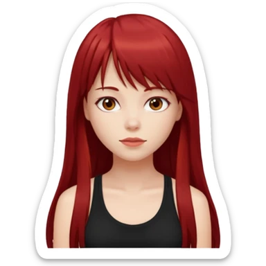 a pretty bratz fair girl with long dark red straight hair with bangs, wearing a black tank top sticker