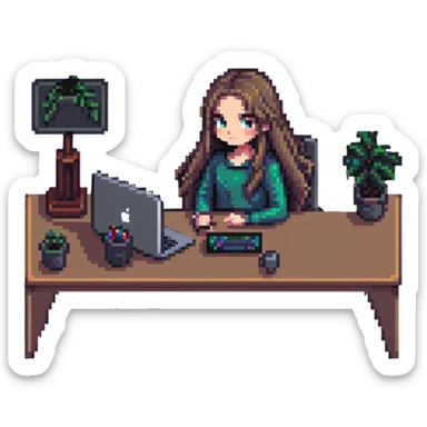 girl with long hair, only eyes visible above MacBook, working at a desk, pixel art style sticker