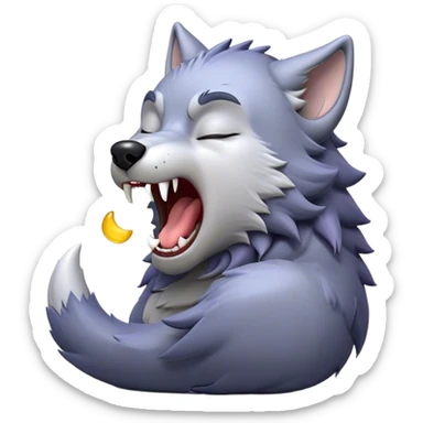 Cinematic Cute Yawning Werewolf Portrait Emoji, with a cuddly, miniature lupine form in soft moonlit grays and silvers, head leaning back in a big, adorable yawn that reveals a few fuzzy teeth, simplified yet irresistibly charming, highly detailed with a soft glowing outline that captures the drowsy, playful essence of a werewolf mid-nap! sticker