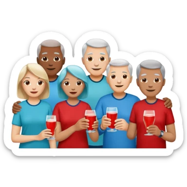 A room packed with adults and seniors in casual clothing with red, aqua and blue shirts, some with drinks, chatting at an afterwork meeting sticker