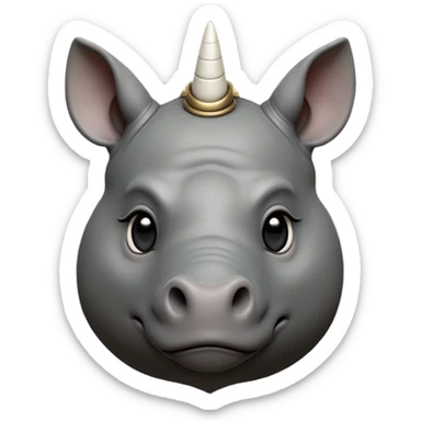 cinematic-noble-cute-rhinoceros-portrait-emoji,slate-grey-hide-poised-and-regal,-with-a-massive,-powerful-build-and-a-thick,--deep-set-soulful-piercing-eyes,-simplified-yet-sharp-and-sophisticated-features,-highly-detailed,-large-black-eyes, white horn, front facing, zoomed out showing shoulders sticker